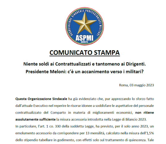 Niente soldi ai Contrattualizzati e tantomeno ai Dirigenti. Presidente Meloni: c’è un accanimento verso i militari?