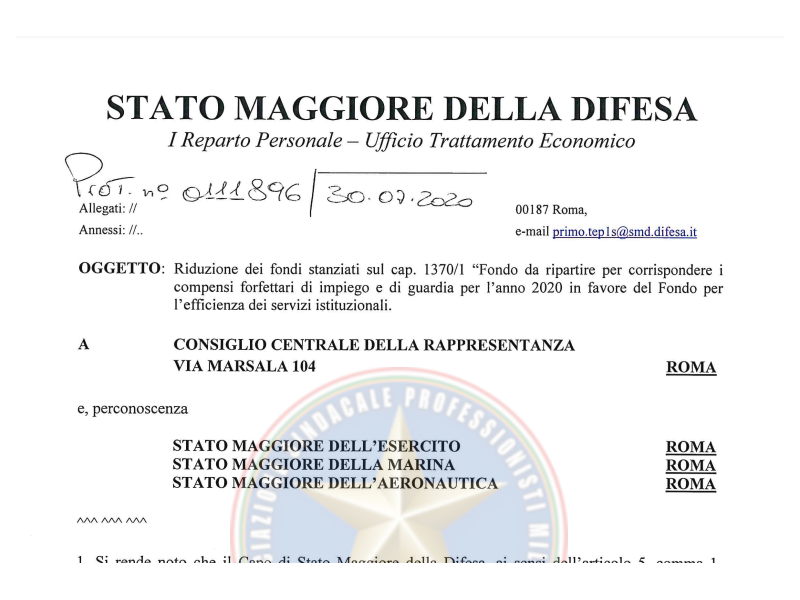 Prot.111896 del 30 Luglio 2020 Riduzione dei fondi stanziati sul capitolo 1370/1 Fondo da ripartire per corrispondere i CFI e CFG per l