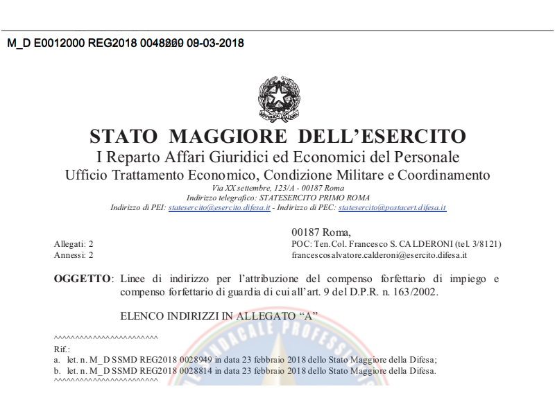 Prot.48229 del 08 Marzo 2018 Linee di indirizzo per l’attribuzione del compenso forfettario di impiego e compenso forfettario di guardia di cui all’art. 9 del D.P.R. n. 163/2002.
