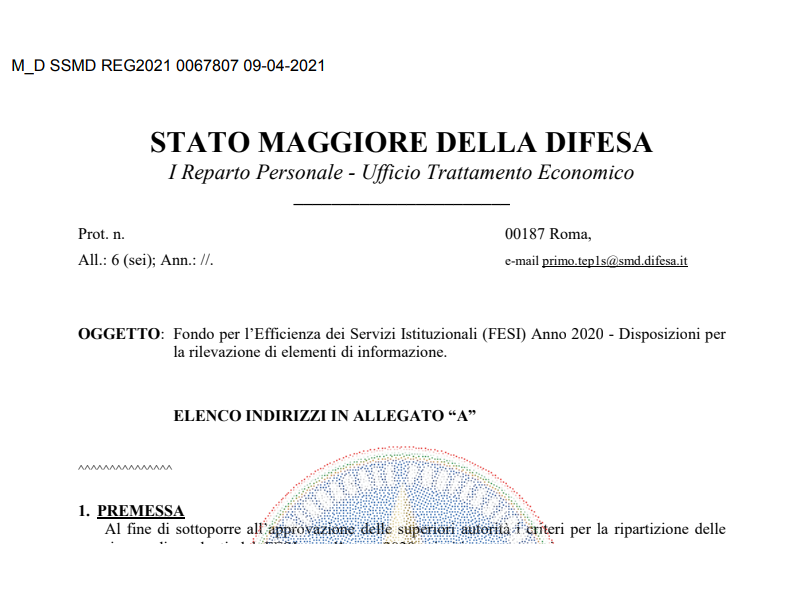Prot. 67807 del 09 Aprile 2021 Fondo per l’Efficienza dei Servizi Istituzionali (FESI) Anno 2020 Disposizioni per la rilevazione di elementi di informazione