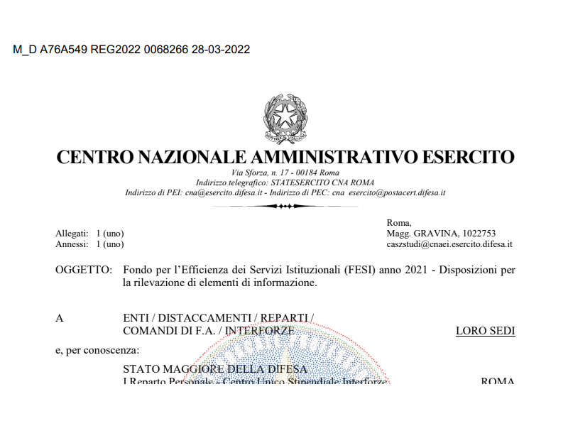 Prot. 68266 del 28 Marzo 2022 Fondo per l’Efficienza dei Servizi Istituzionali (FESI) Anno 2021 - Disposizioni per la rilevazione di elementi di informazione