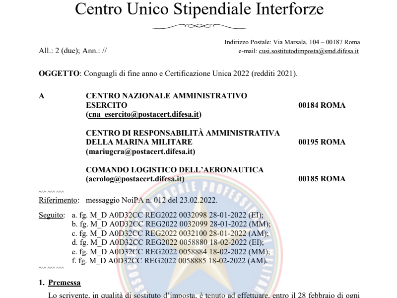 Prot. 73003 03 Marzo 2022 Conguagli di fine anno e Certificazione Unica 2022 (redditi 2021)