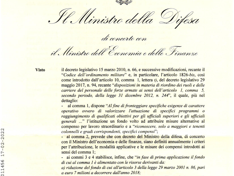 Prot. 8480 del 17 Febbraio 2022 Decreto Ministro Difesa del 14 Gennaio 2022 Compensi per Maggiori e Tenenti Colonnelli