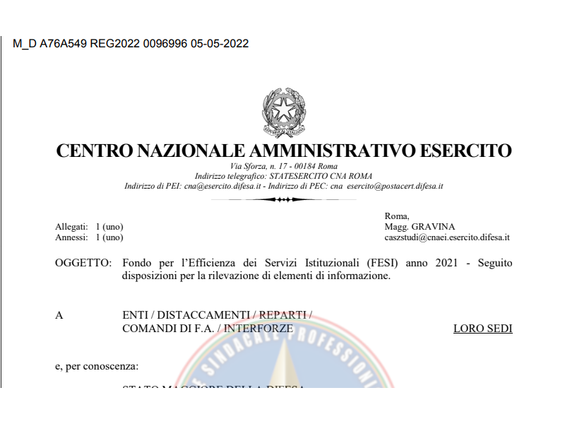Prot. 96996 del 05 Maggio 2022 Fondo per l’Efficienza dei Servizi Istituzionali (FESI) anno 2021 - Seguito disposizioni per la rilevazione di elementi di informazione