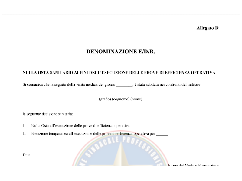 ALLEGATO D NULLA OSTA SANITARIO AI FINI DELL’ESECUZIONE DELLE PROVE DI EFFICIENZA OPERATIVA