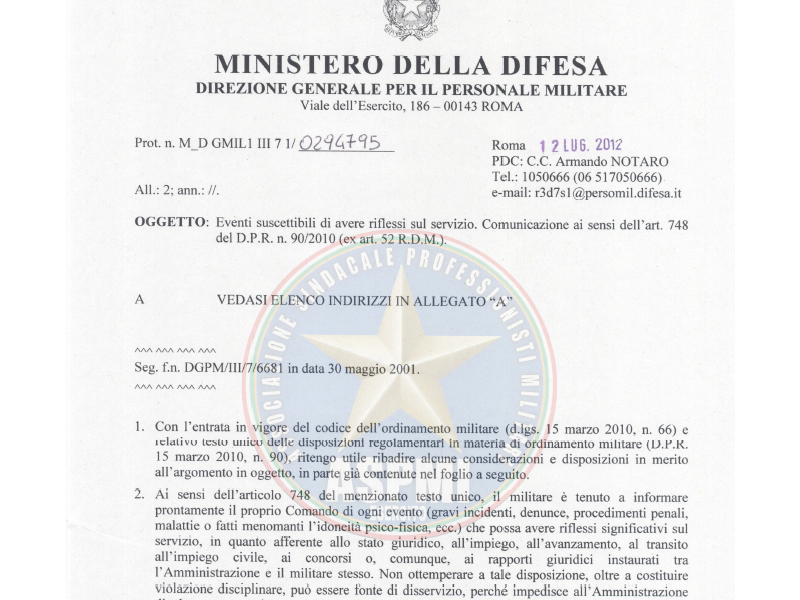 Prot 294795 del 12 luglio 2012 Eventi suscettibili di avere riflessi sul servizio. Comunicazione ai sensi dell