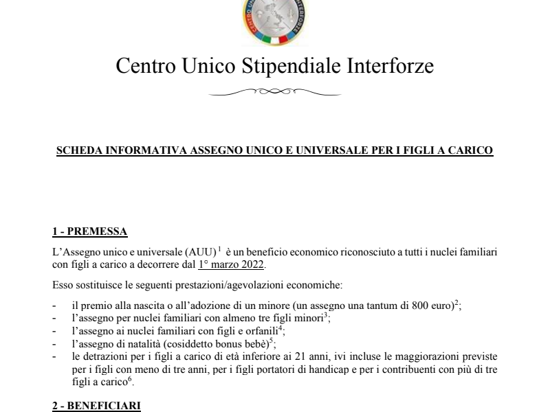 Scheda Informativa Assegno unico universale