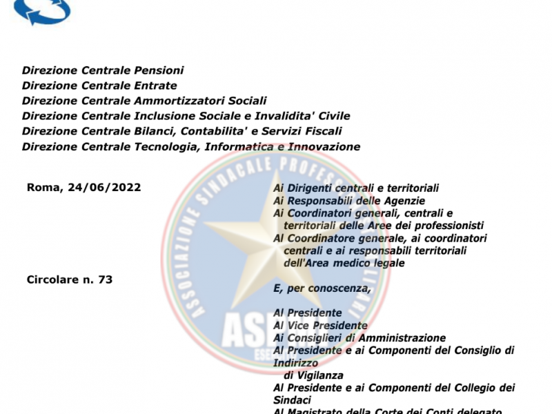 Circolare n. 73 INPS Articoli 31 e 32 del decreto-legge del 17 maggio 2022, n. 50 - Indennità una tantum pari a 200 euro. Istruzioni applicative e contabili. Variazioni al piano dei conti