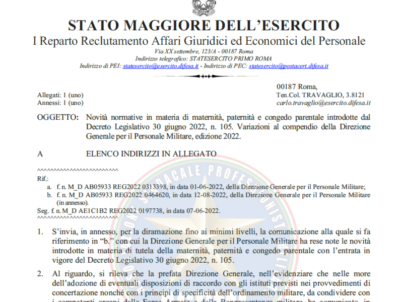 Prot 279436 del 31 agosto 2022 Novità normative in materia di maternità, paternità e congedo parentale introdotte dal Decreto Legislativo 30 giugno 2022, n. 105. Giorni nascita del figlio