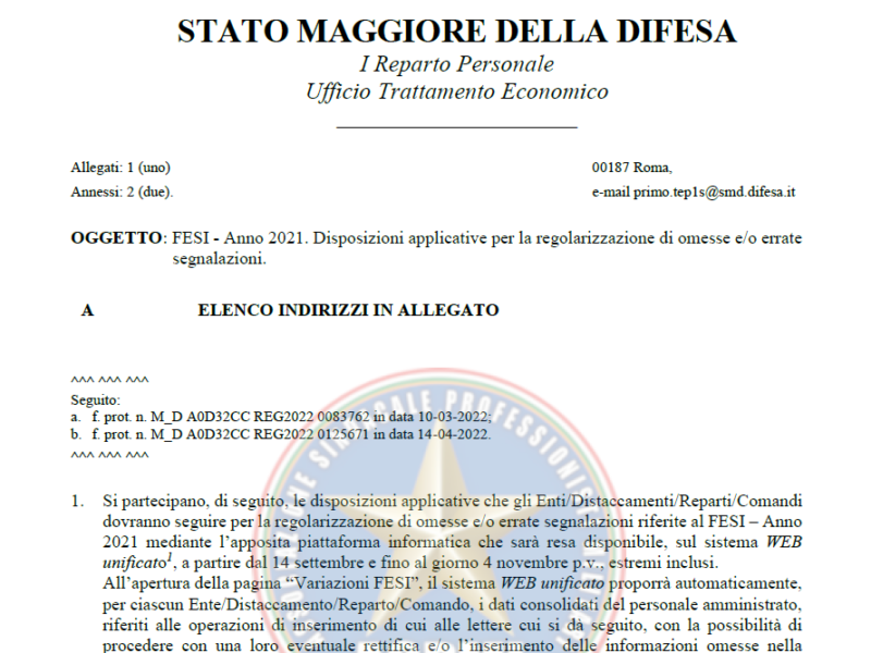 FESI - Anno 2021. Disposizioni applicative per la regolarizzazione di omesse e/o errate segnalazioni