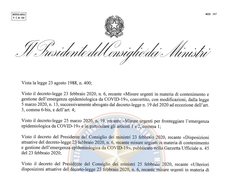 DPCM del 26.04.2020 Misure urgenti in materia di contagio