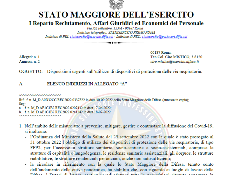 Prot 309664 del 04 ottobre 2022 Disposizioni urgenti sull’utilizzo di dispositivi di protezione delle vie respiratorie