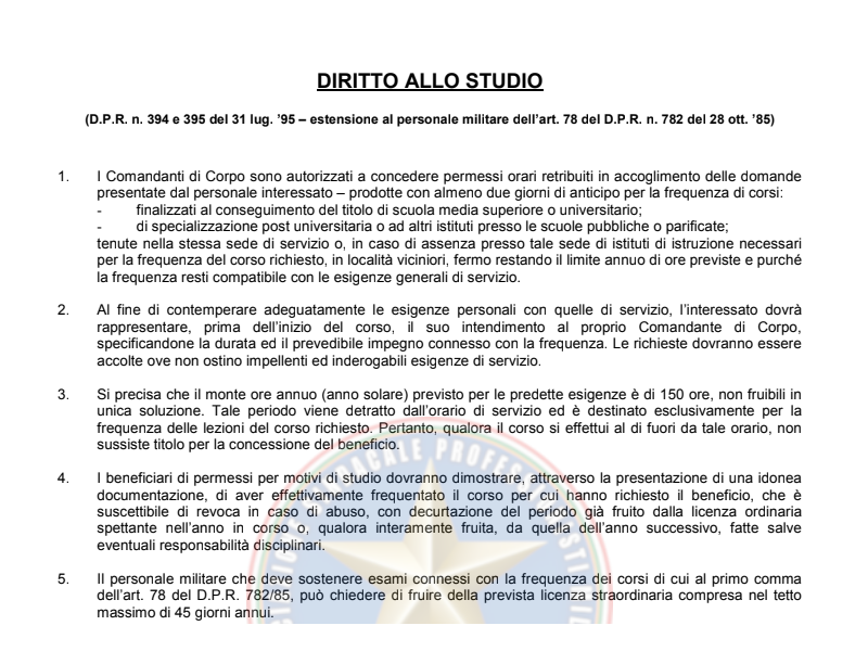 Estensione del Diritto allo Studio al Personale Militare