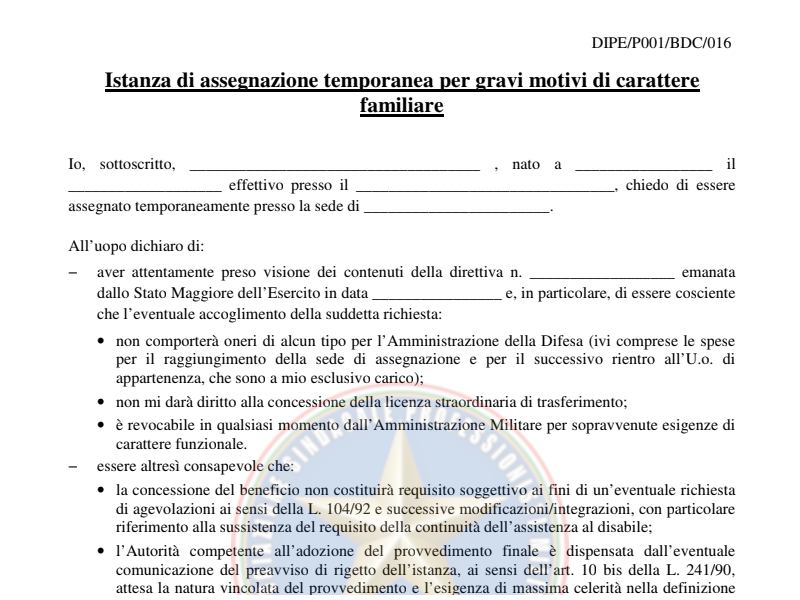 Format Istanza di assegnazione temporanea per gravi motivi di carattere familiare