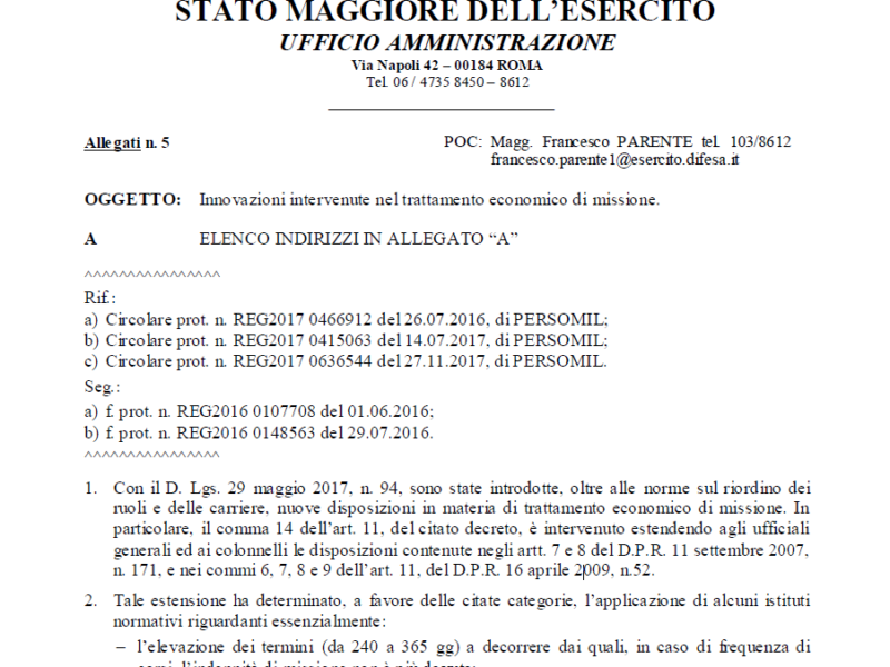 Prot 26794 del 08 febbraio 2018 Innovazioni intervenute nel trattamento economico di missione