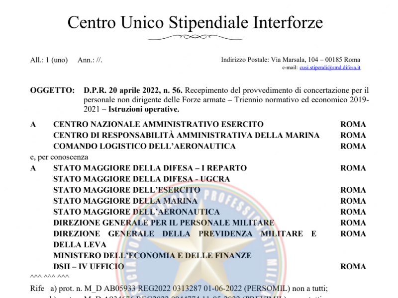 Istruzioni operative CUSI D.P.R. 20 aprile 2022, n. 56. Recepimento del provvedimento di concertazione per il personale non dirigente delle Forze armate – Triennio normativo ed economico 2019-2021