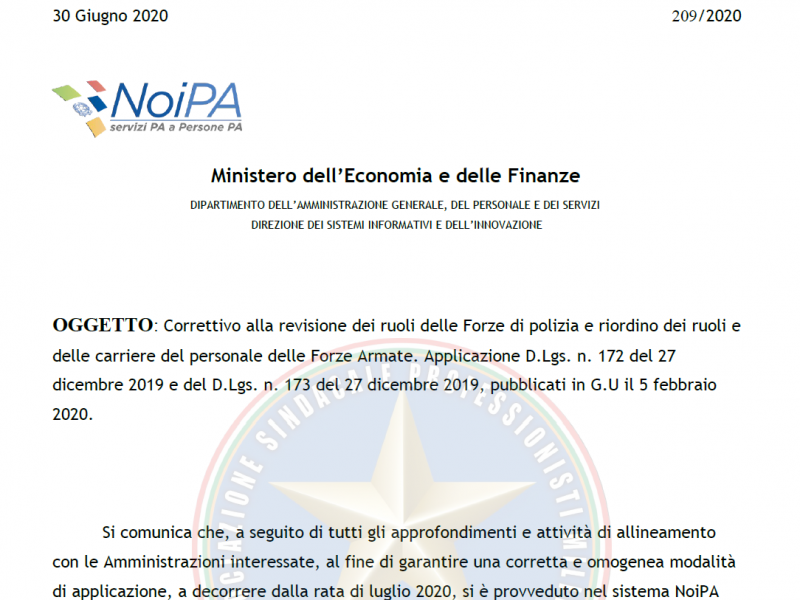Nota NOIPA 209 del 30 Giugno 2020 Correttivo alla revisione dei ruoli delle Forze di polizia e riordino dei ruoli e delle carriere del personale delle Forze Armate. Applicazione D.Lgs. n. 172 del 27 dicembre 2019 e del D.Lgs. n. 173 del 27 dicembre 2019, pubblicati in G.U il 5 febbraio 2020