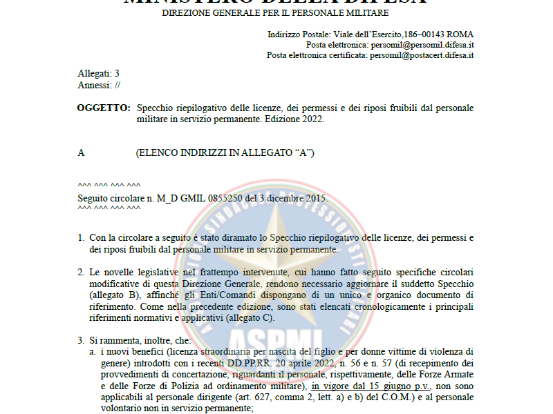 Prot. 0316368 03 Giugno 2022 Specchio riepilogativo delle licenze, dei permessi e dei riposi fruibili dal personale militare in servizio permanente. Edizione 2022.