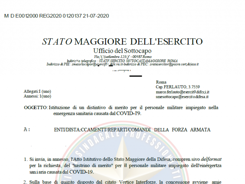 Prot 120137 del 21 Luglio 2020 Istituzione di un distintivo di merito per il personale militare impiegato nella emergenza sanitaria causata dal COVID- 19