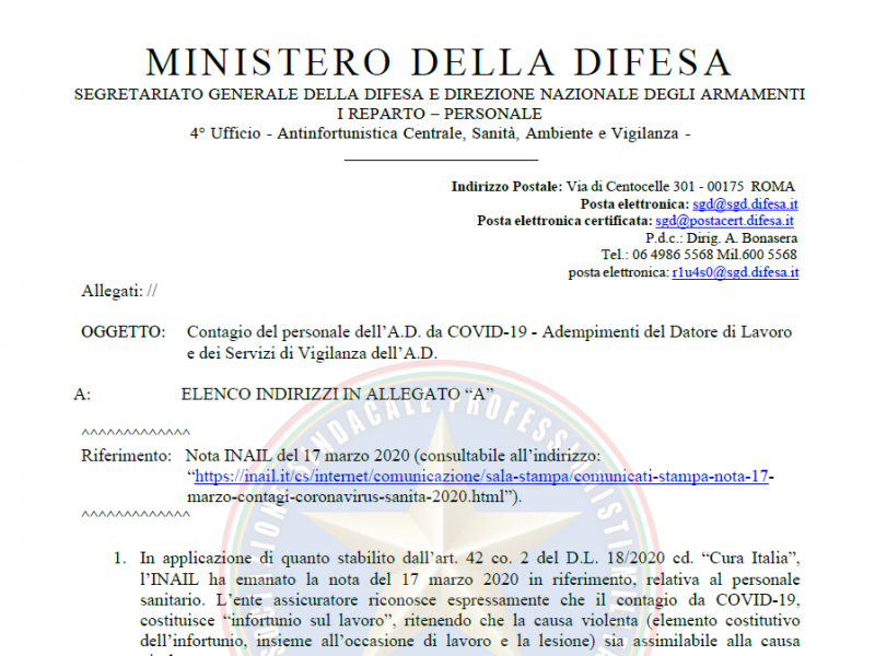 Prot 23125 del 07 Aprile 2020 Contagio del personale dell’A.D. da COVID-19 - Adempimenti del Datore di Lavoro e dei Servizi di Vigilanza dell’A.D