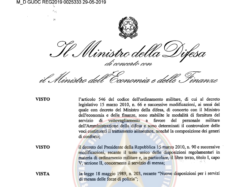 Prot 25333 del 29 Maggio 2019 Riconferma del valore in denaro della razione viveri Decreto Ministro della Difesa
