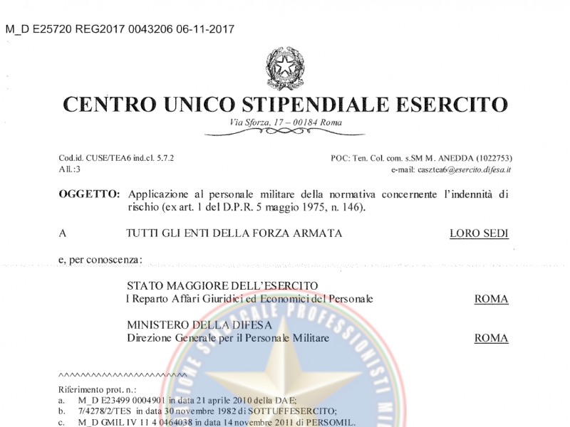 Prot 43206 del 06 Novembre 2017 Applicazione al personale militare della normativa concernente l