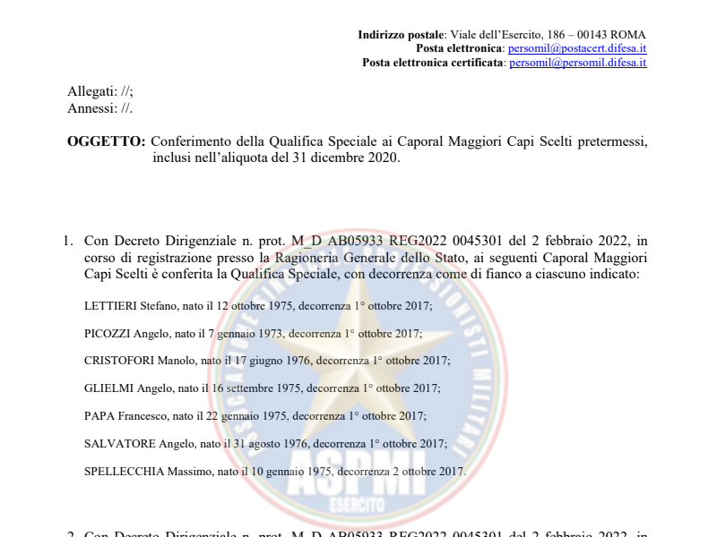 Prot 45301 del 02 febbraio 2022 Avanzamento Qualifica Speciale Aliquota 31 dicembre 2020