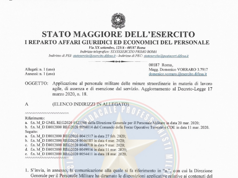 Prot 55432 del 20 Marzo 2020 Applicazione al personale militare delle misure straordinarie in materia di lavoro agile assenza e di esenzione dal servizio Aggiornamento al Decreto Legge 17 Marzo 2020 n 18