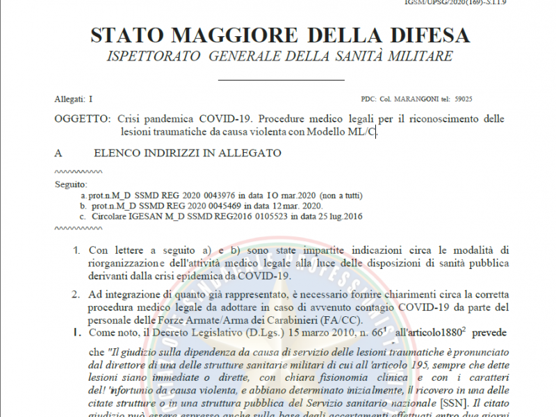 Prot 56862 del 09 Aprile 2020 Crisi pandemica COVID-19. Procedure medico legali per il riconoscimento delle lesioni traumatiche da causa violenta con Modello ML/C