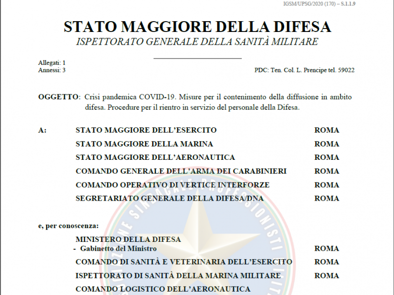 Prot 59375 del 16 Aprile 2020 Crisi pandemica COVID-19. Misure per il contenimento della diffusione in ambito difesa. Procedure per il rientro in servizio del personale della Difesa
