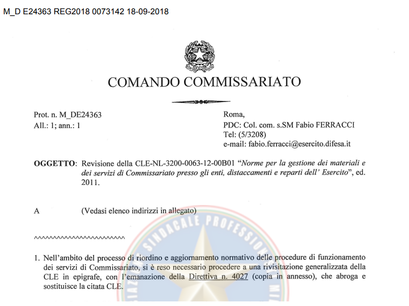 Prot 73142 del 18 Settembre 2018 Direttiva 4027 Norme per la gestione dei materiali e dei servizi di Commissariato dell