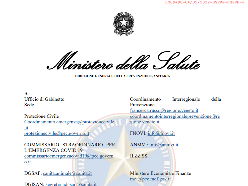 Prot. 9498 del 04 Febbraio 2022 Aggiornamento sulle misure di quarantena e autosorveglianza per i contatti stretti (ad alto rischio) di casi di infezione da SARS CoV 2