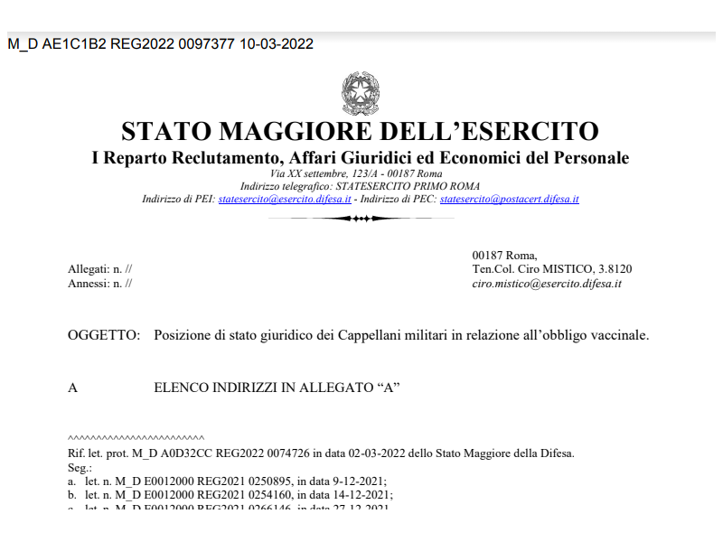 Prot. 97377 del 10 Marzo 2022 Posizione di stato giuridico dei Cappellani militari in relazione all’obbligo vaccinale.