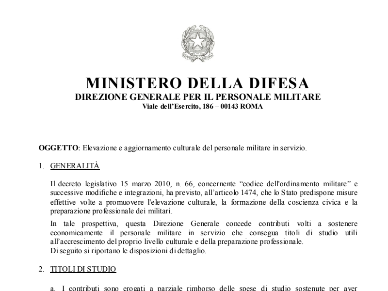 Prot. 1216095 del 22 Ottobre 2014 Elevazione e aggiornamento culturale del personale militare in servizio