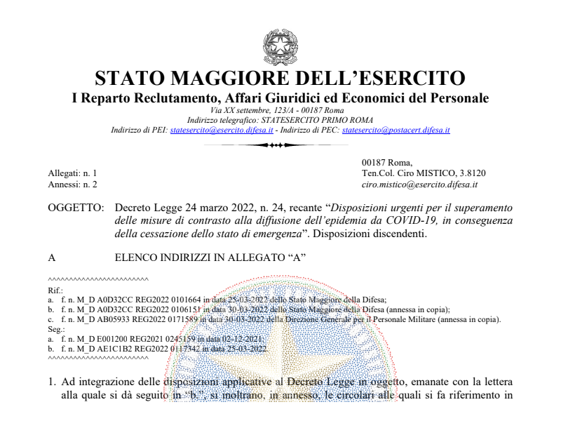 Prot. 126479 del 01 Aprile 2022 Decreto Legge 24 marzo 2022, n. 24, recante “Disposizioni urgenti per il superamento delle misure di contrasto alla diffusione dell’epidemia da COVID-19, in conseguenza della cessazione dello stato di emergenza”. Disposizioni discendenti