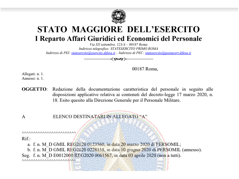 Prot. 127569 del 03 Agosto 2020 Redazione della documentazione caratteristica del personale in seguito alle disposizioni applicative relativa ai contenuti del decreto-legge 17 marzo 2020, n. 18. Esito quesito alla Direzione Generale per il Personale Militare