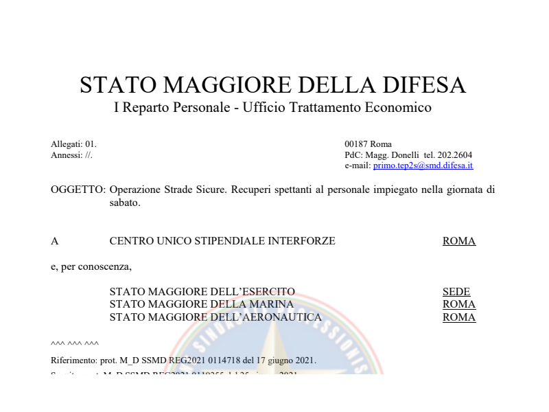Prot. 127955 del 09 Luglio 2021 Operazione Strade Sicure. Recuperi spettanti al personale impiegato nella giornata di sabato
