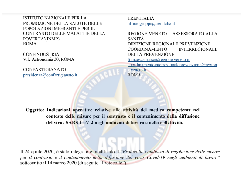 Prot. 14915 del 29 Aprile 2020 Indicazioni operative relative alle attività del medico competente nel contesto delle misure per il contrasto e il contenimento della diffusione del virus SARS-CoV-2 negli ambienti di lavoro e nella collettività.