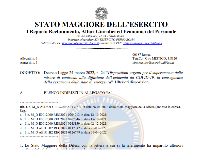 Prot. 157713 del 29 Aprile 2022 Decreto Legge 24 marzo 2022, n. 24 “Disposizioni urgenti per il superamento delle misure di contrasto alla diffusione dell’epidemia da COVID-19, in conseguenza della cessazione dello stato di emergenza” Ulteriori disposizioni
