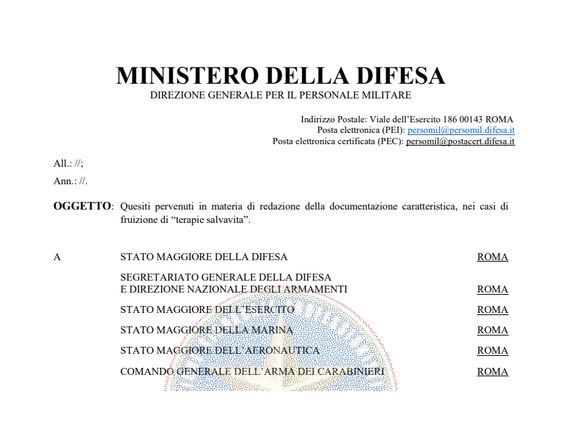 Prot. 157777 del 21 Aprile 2020 Quesiti pervenuti in materia di redazione della documentazione caratteristica, nei casi di fruizione di “terapie salvavita”