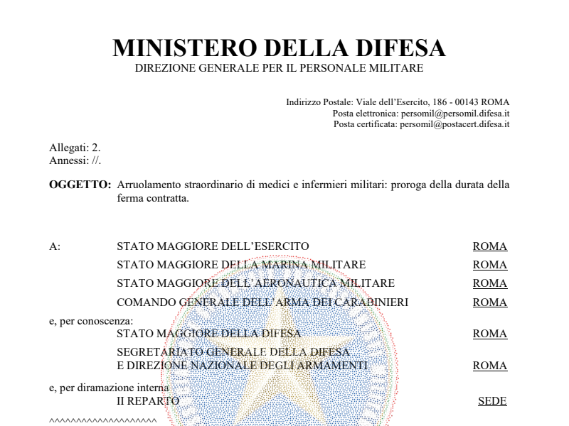 Prot. 159219 del 24 marzo 2022 Arruolamento straordinario di medici e infermieri militari: proroga della durata della ferma contratta
