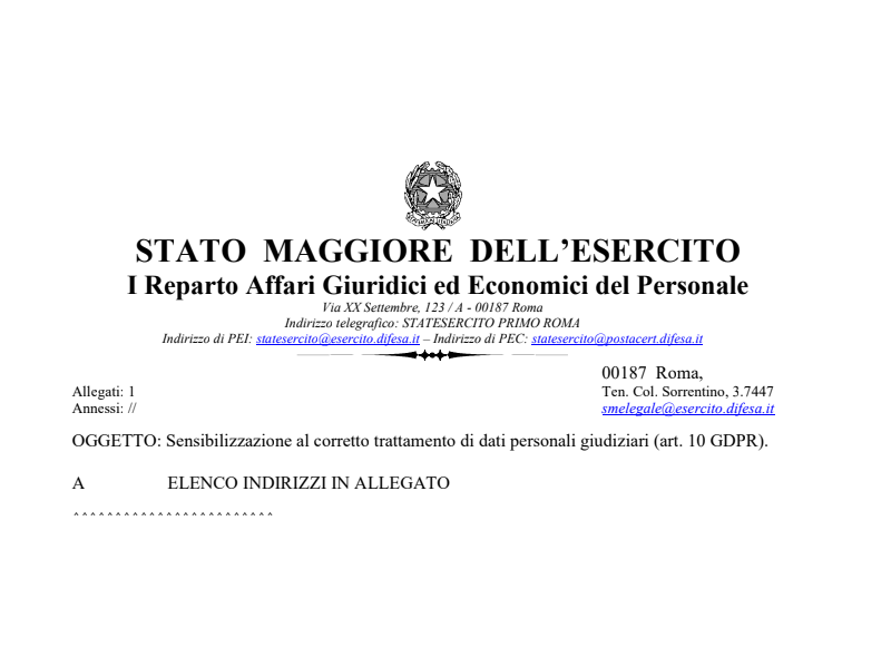 Prot. 161690 del 01 Ottobre 2020 Sensibilizzazione al corretto trattamento di dati personali giudiziari (art. 10 GDPR)