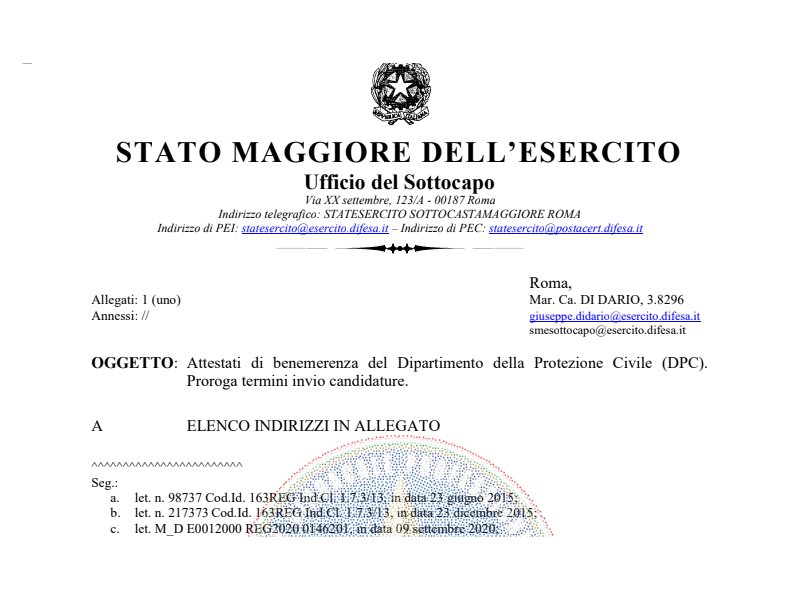 Prot. 167239 del 08 Ottobre 2020 Attestati di benemerenza del Dipartimento della Protezione Civile (DPC). Proroga termini invio candidature