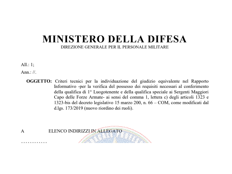 Prot. 169015 del 29 Aprile 2020 Criteri tecnici per la individuazione del giudizio equivalente nel Rapporto Informativo -per la verifica del possesso dei requisiti necessari al conferimento della qualifica di 1° Luogotenente e della qualifica speciale ai Sergenti Maggiori Capo delle Forze Armate- ai sensi del comma 1, lettera c) degli articoli 1323 e 1323-bis del decreto legislativo 15 marzo 200, n. 66 – COM, come modificati dal d.lgs. 173/2019 (nuovo riordino dei ruoli)