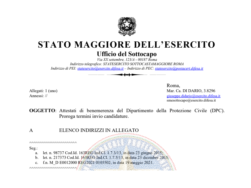 Prot. 186894 del 20 Settembre 2021 Attestati di benemerenza del Dipartimento della Protezione Civile (DPC). Proroga termini invio candidature
