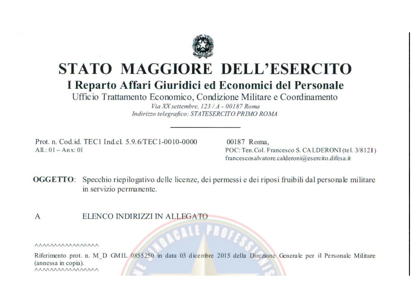 Prot. 220146 del 31 Dicembre 2015 Specchio riepilogativo delle Licenze dei permessi e dei riposi fruibili dal personale militare in servizio permanente