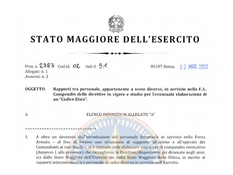 Prot. 2383 del 22 marzo 2013 Rapporti tra personale appartenente a sesso diverso in servizio nella Forza Armata