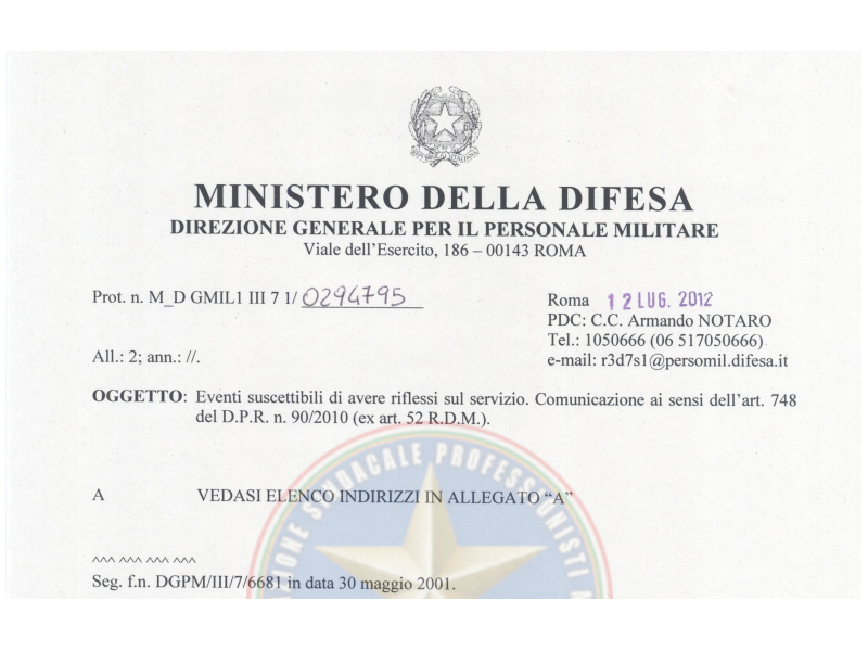 Prot. 294795 del 12 luglio 2012 Eventi suscettibili di avere riflessi sul servizio Obbligo di comunicazione