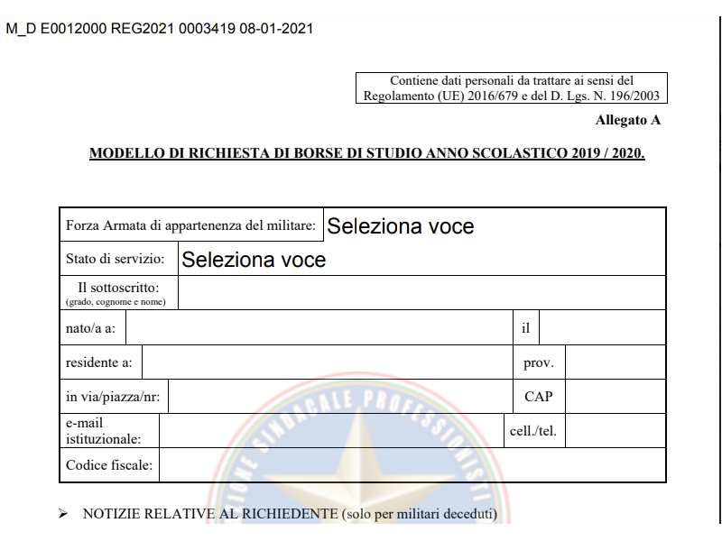 Prot. 3419 del 08 Gennaio 2021 MODELLO DI RICHIESTA DI BORSE DI STUDIO ANNO SCOLASTICO 2019/2020