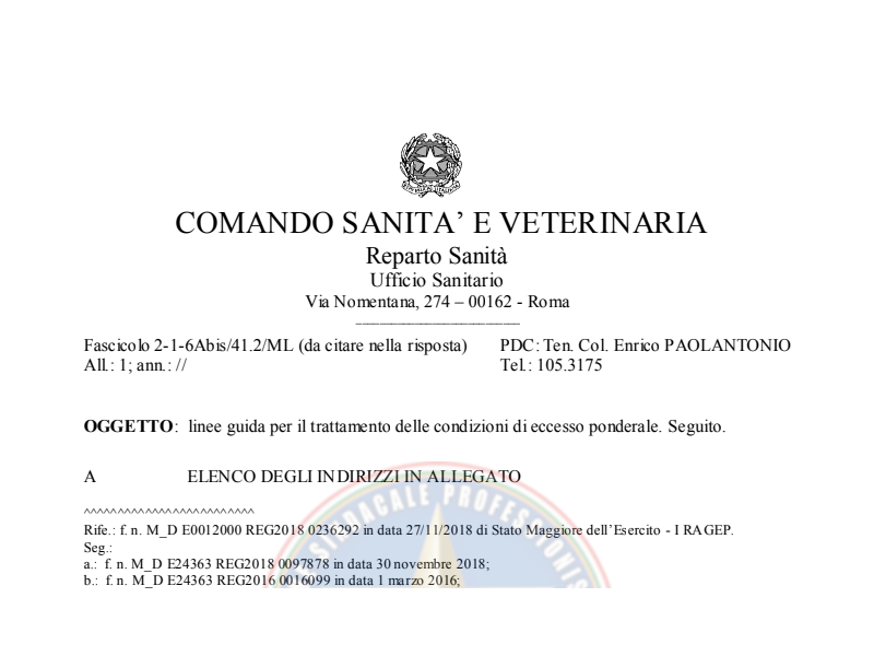 Prot. 361 del 03 Gennaio 2019 Linee guida per il trattamento delle condizioni di eccesso ponderale. Seguito